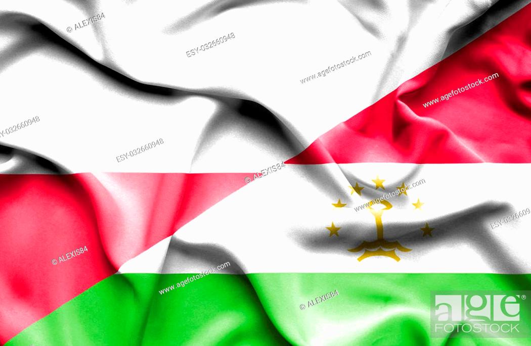 Stock Photo: Waving flag of Tajikistan and Poland.