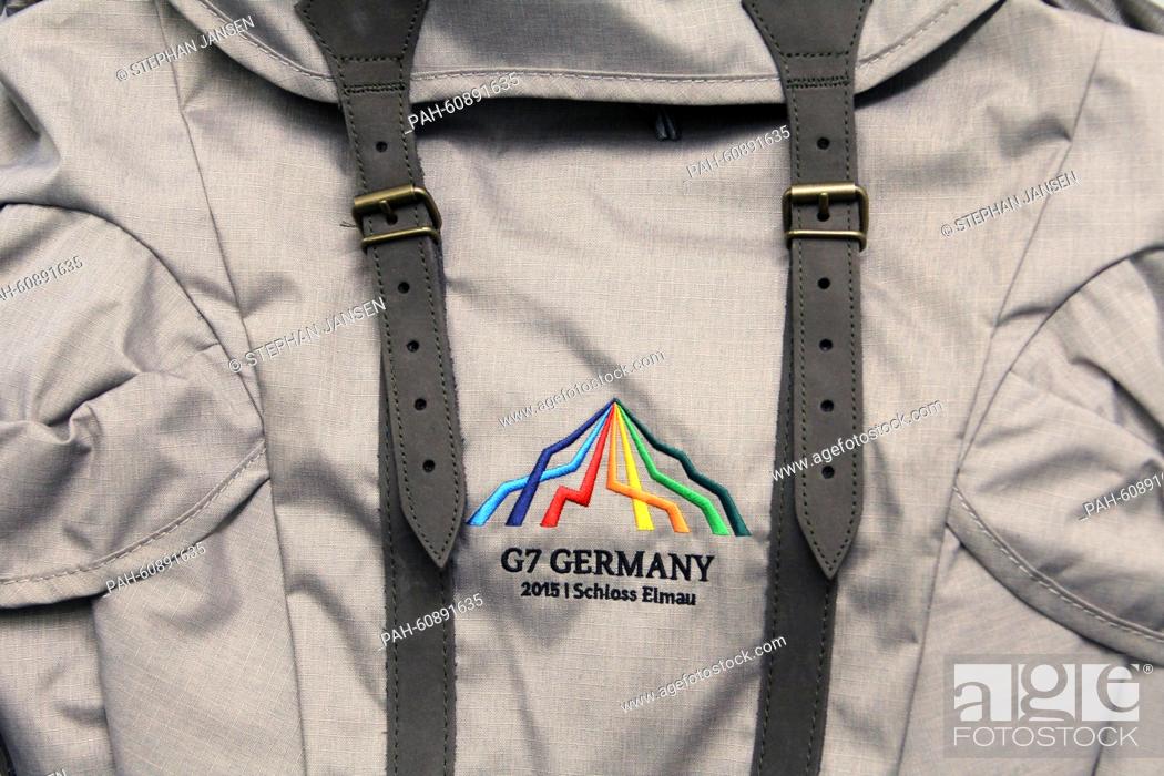 Stock Photo: ILLUSTRATION - View of a backpack, distributed as gifts at the G7 summit in June, in Munich, Germany, 19 August 2015. The Bavarian state government revealed the.