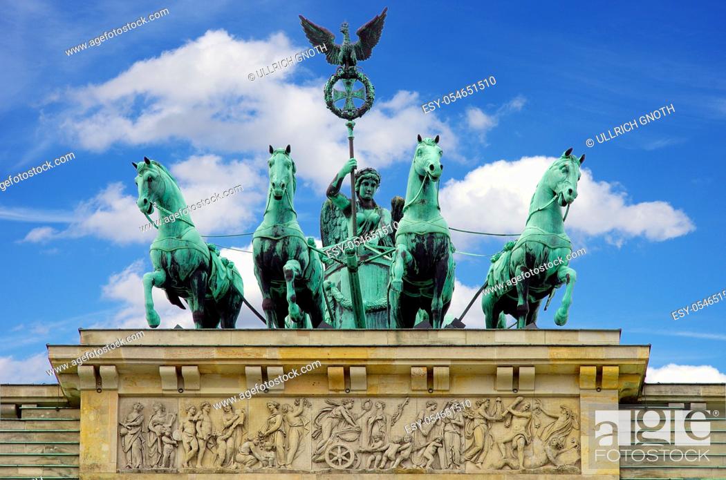 Stock Photo: Quadriga with Germania on Brandenburg Gate, Berlin, Brandenburg, Germany.