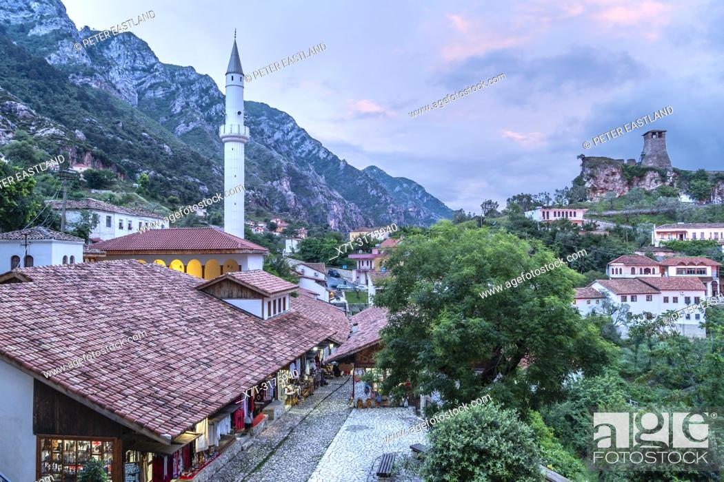 Stock Photo: Looking down on the bazaar and Mosque in Kruja, with the castle in the background, central Albania.