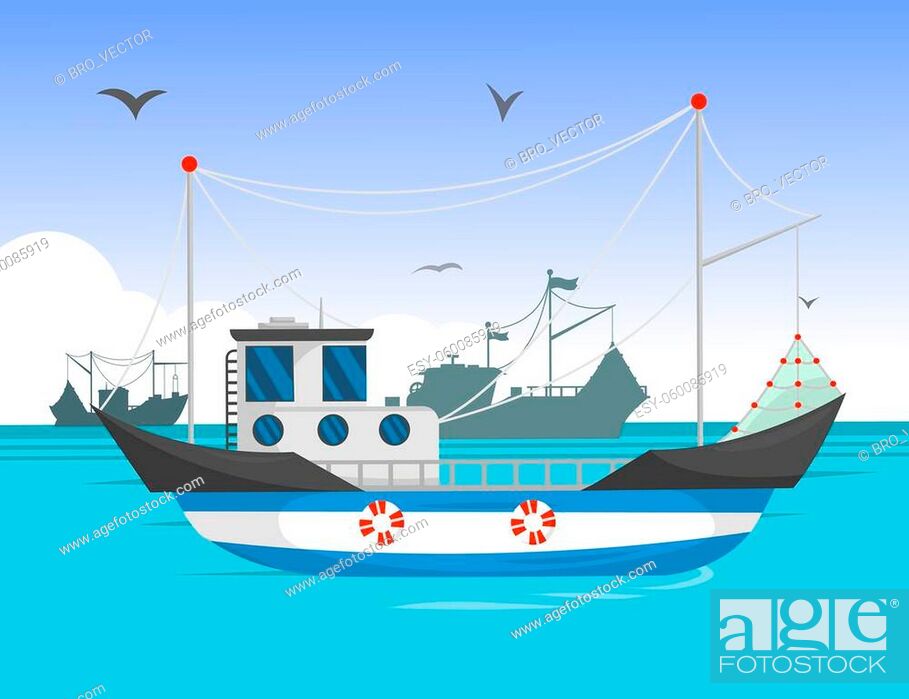 Trawler sailing in daylight cartoon illustration. Commercial fishing boat  on water, Stock Vector, Vector And Low Budget Royalty Free Image. Pic.  ESY-060085919 | agefotostock