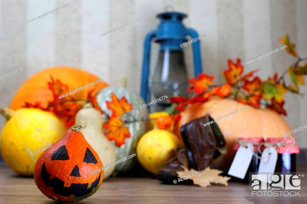 Stock Photo: ripe pumpkin on the wooden floor of different kinds and sizes of harvest.