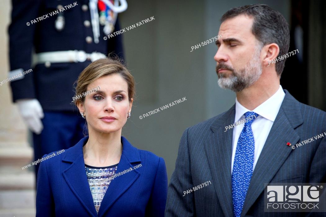 Stock Photo: Spain's King Felipe VI and Queen Letizia deliver a statement after their meeting with the French president at the Elysee Palace in Paris, France, 24 March 2015.
