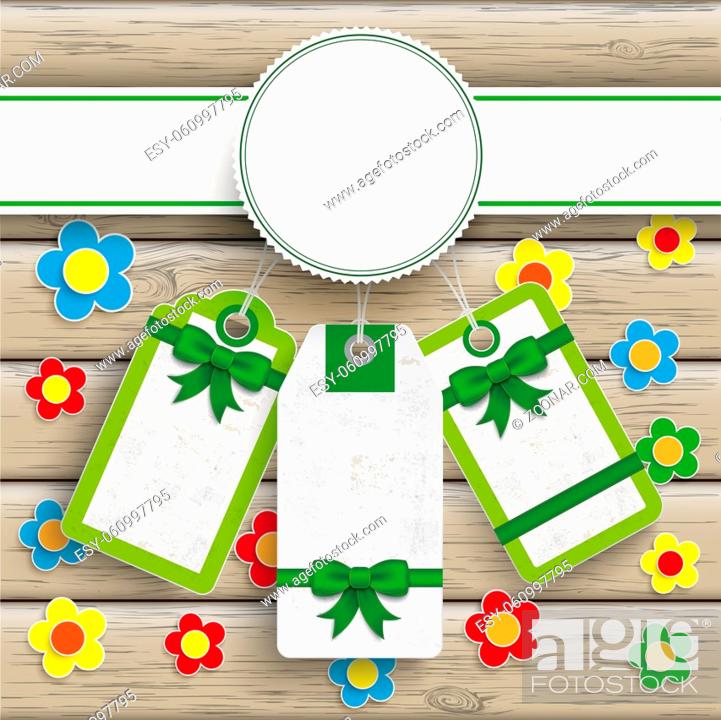 Stock Photo: Easter price stickers on the wooden background. Eps 10 vector file.