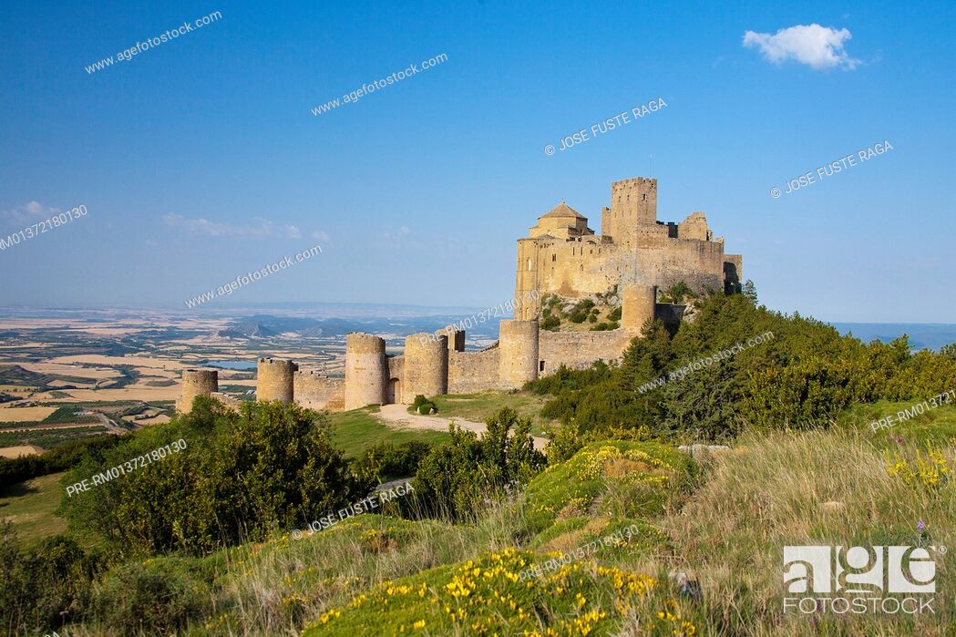 Stock Photo: View, Mountain, Spain, Province, Spring, Castle, Aragon, Day, Overview, Clear, Hill, Huesca, Loarre, Castillo, 2011, Landscape, Castiello, Lobarre