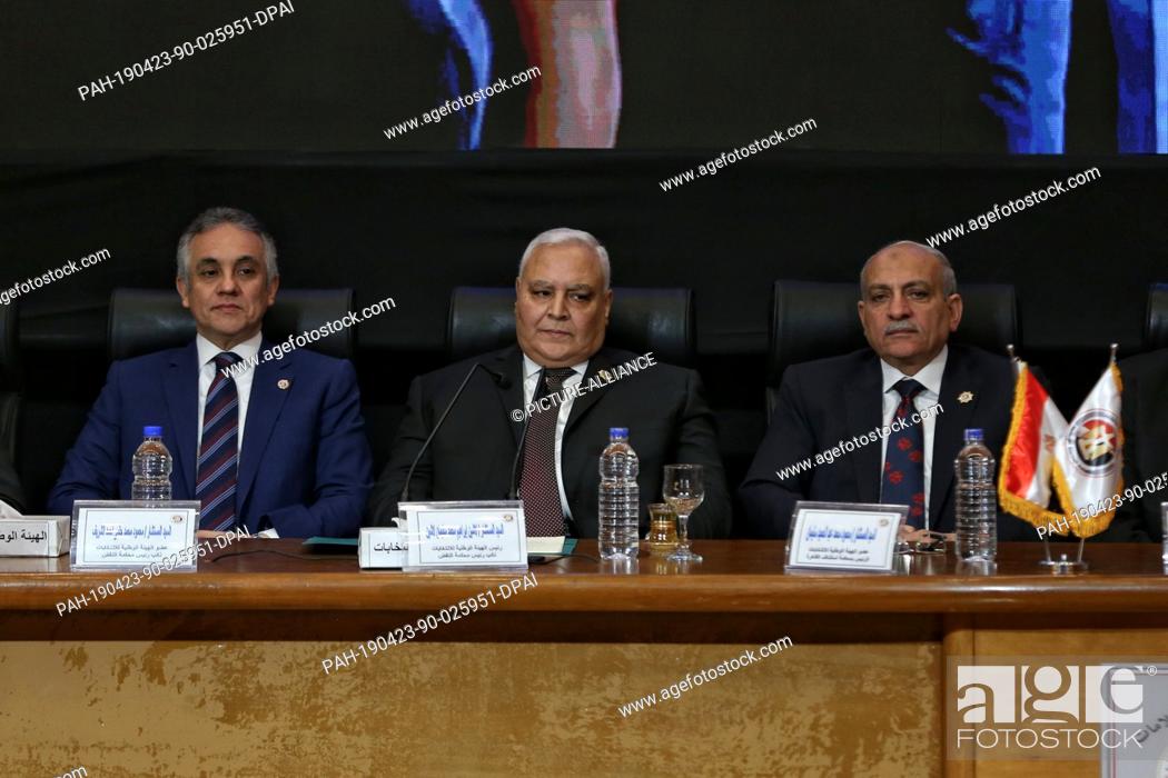Stock Photo: 23 April 2019, Egypt, Cairo: Lasheen Ibrahim, (C), head of the Egyptian National Elections Authority (NEA), attends a press conference at the NEA's headquarters.