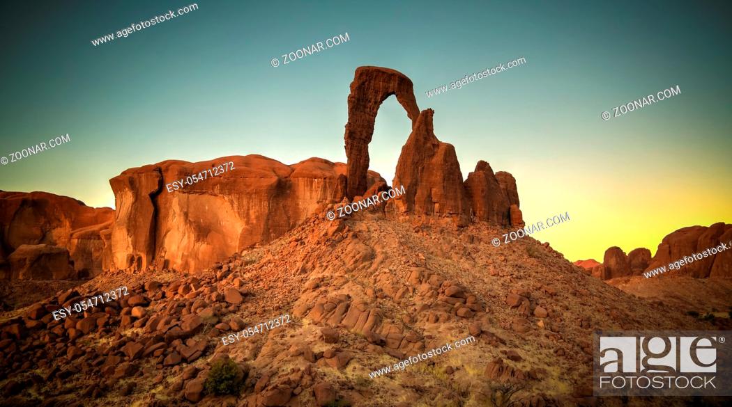 Stock Photo: Abstract Rock formation at plateau Ennedi aka window arch at sunset, in Chad.