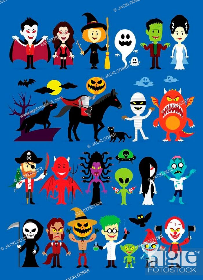 Monsters Mash Halloween Cartoon Characters including Vampires, Witch, Ghosts,  Stock Vector, Vector And Low Budget Royalty Free Image. Pic. ESY-037821505  | agefotostock