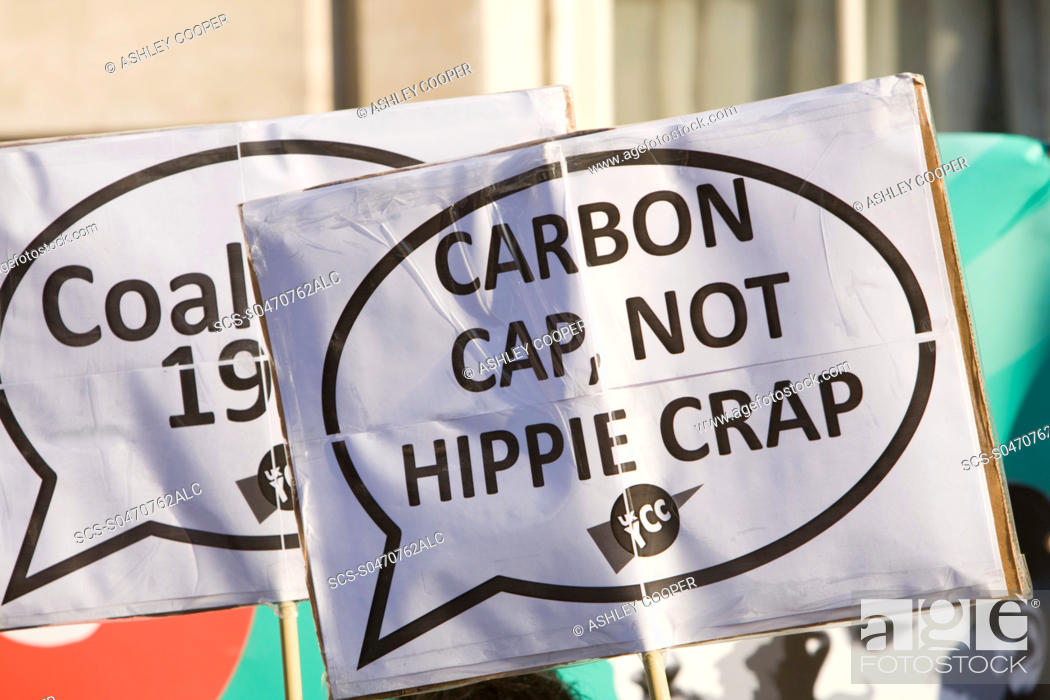 Stock Photo: Protest banners at a climate change rally in London December 2008.