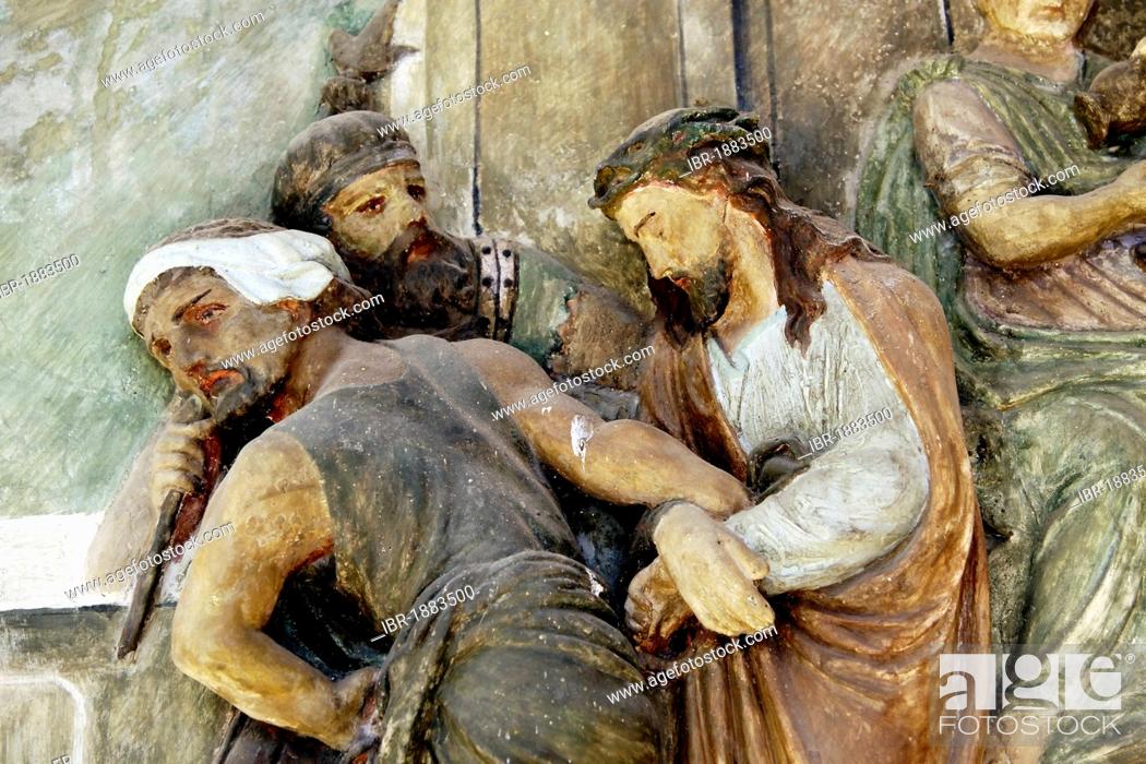 Stock Photo: Fresco of the Stations of the Cross, portico of the pilgrimage church ofSacro Monte della Santissima Trinita di Ghiffa in Ghiffa on Lake Maggiore, Piedmont.