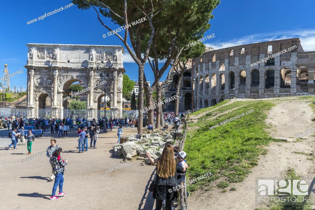 Stock Photo: Arch of Constantine South side, from Via triumphalis, Colosseum to right, Rome, Lazio, Italy, Europe.