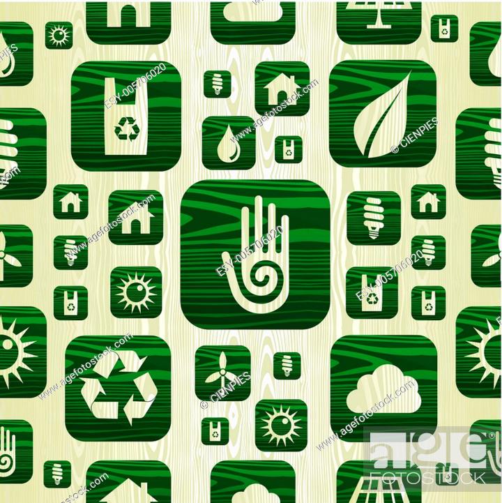 Stock Vector: Environmental green icons pattern in organic wood.