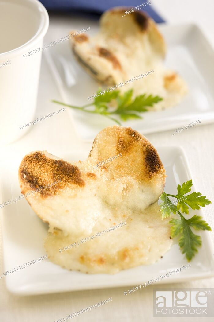 Stock Photo: Platillo de almejas rellenas de queso.
