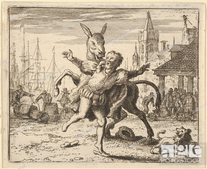 Stock Photo: The Ass, Jealous of the Attention the Dog Is Getting From His Master, Looks to Imitate Him by Jumping at the Master's Neck from Hendrick van Alcmar's Renard The.