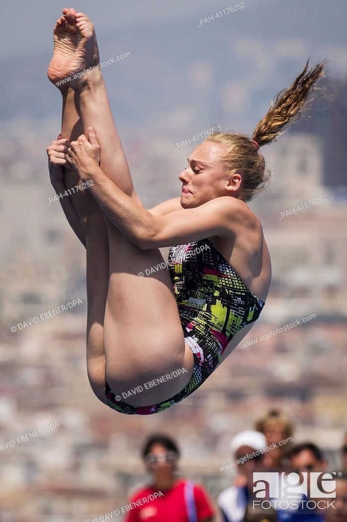 Stock Photo: Julia Vincent of South Africa in action during the women's 1m Springboard diving preliminaries of the 15th FINA Swimming World Championships at Montjuic.