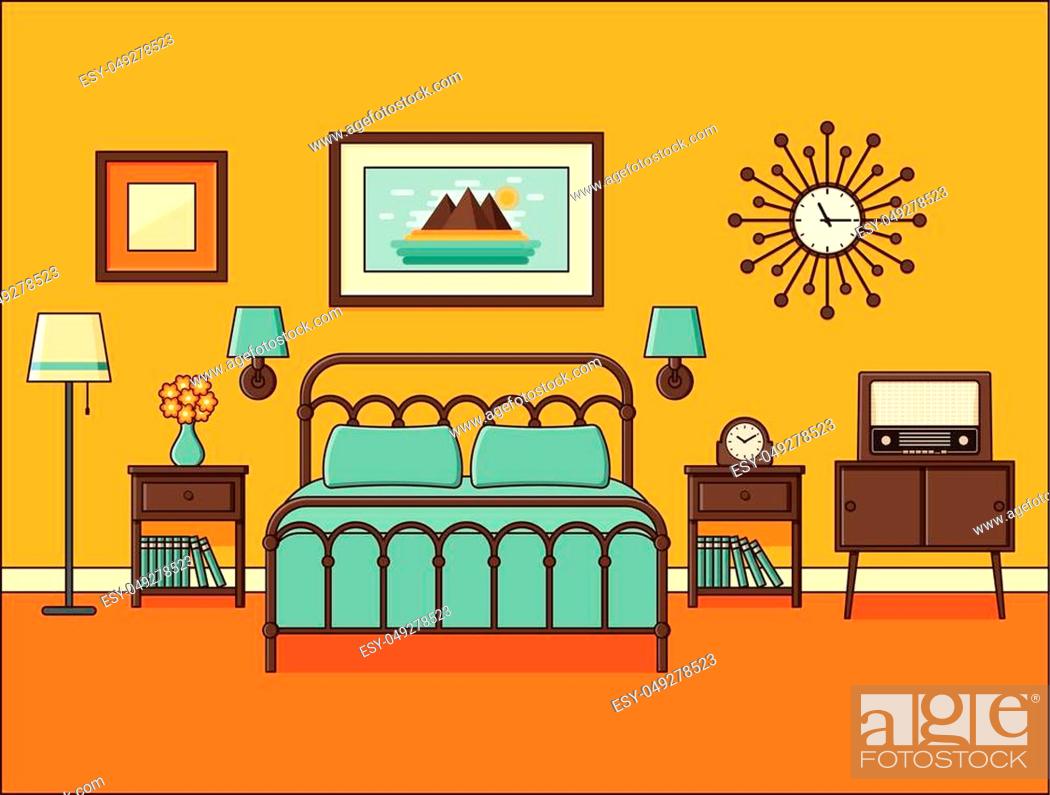 Bedroom interior. Hotel room with bed. Vector. Home retro space in flat  design, Stock Vector, Vector And Low Budget Royalty Free Image. Pic.  ESY-049278523 | agefotostock