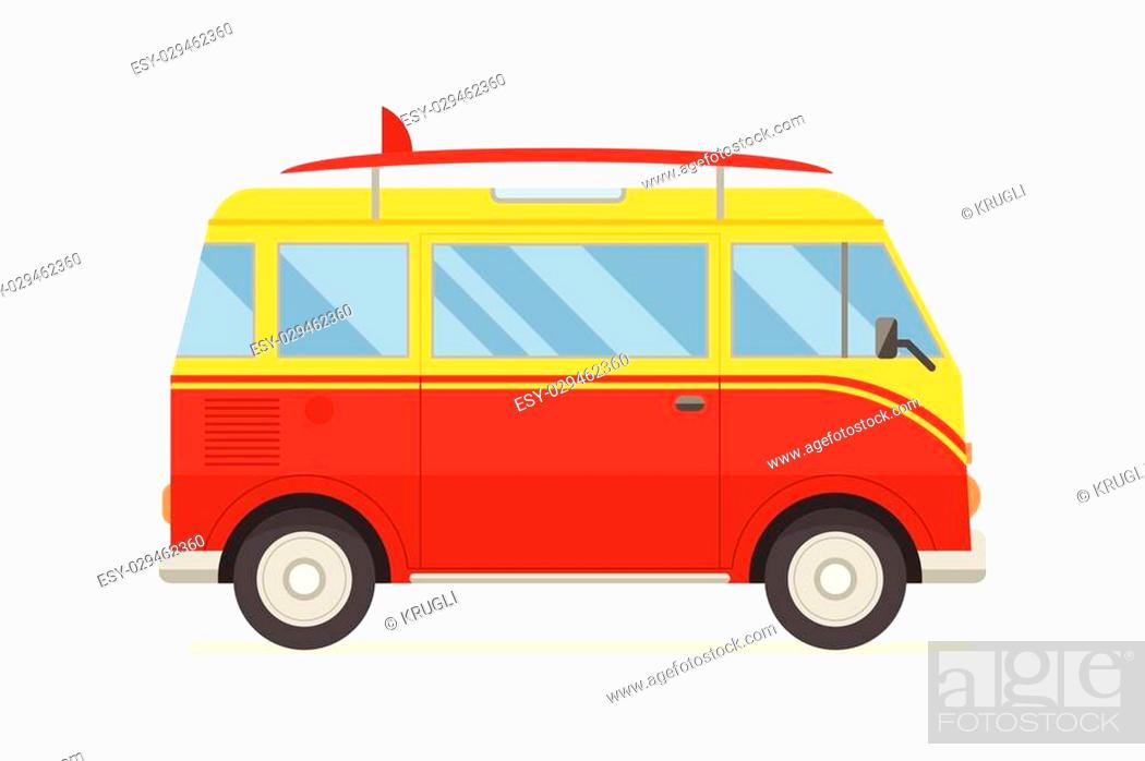 Vintage red travel bus. Surfing cartoon van. Tourist coach in flat design  with surf board, Stock Vector, Vector And Low Budget Royalty Free Image.  Pic. ESY-029462360 | agefotostock
