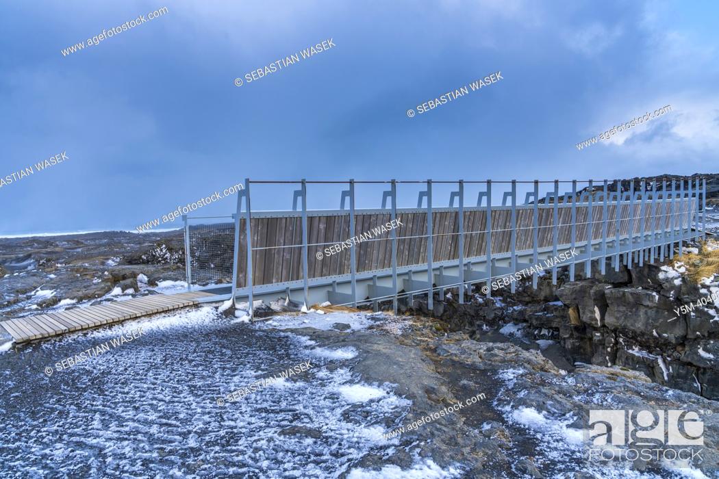 Stock Photo: Bridge America-Eurpope, Southern Peninsula Region, Iceland, Europe.