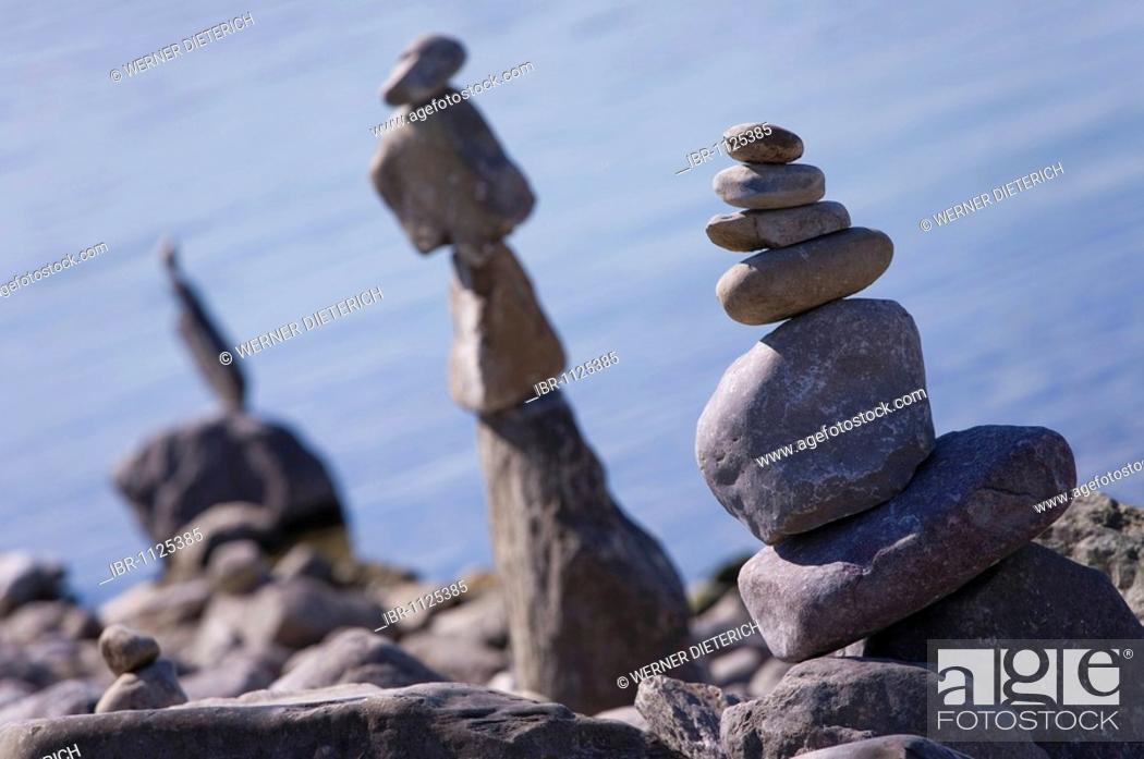 Stock Photo: Balancing stone towers on the lakeside promenade, Radolfzell, Lake Constance, Baden-Wuerttemberg, Germany, Europe.
