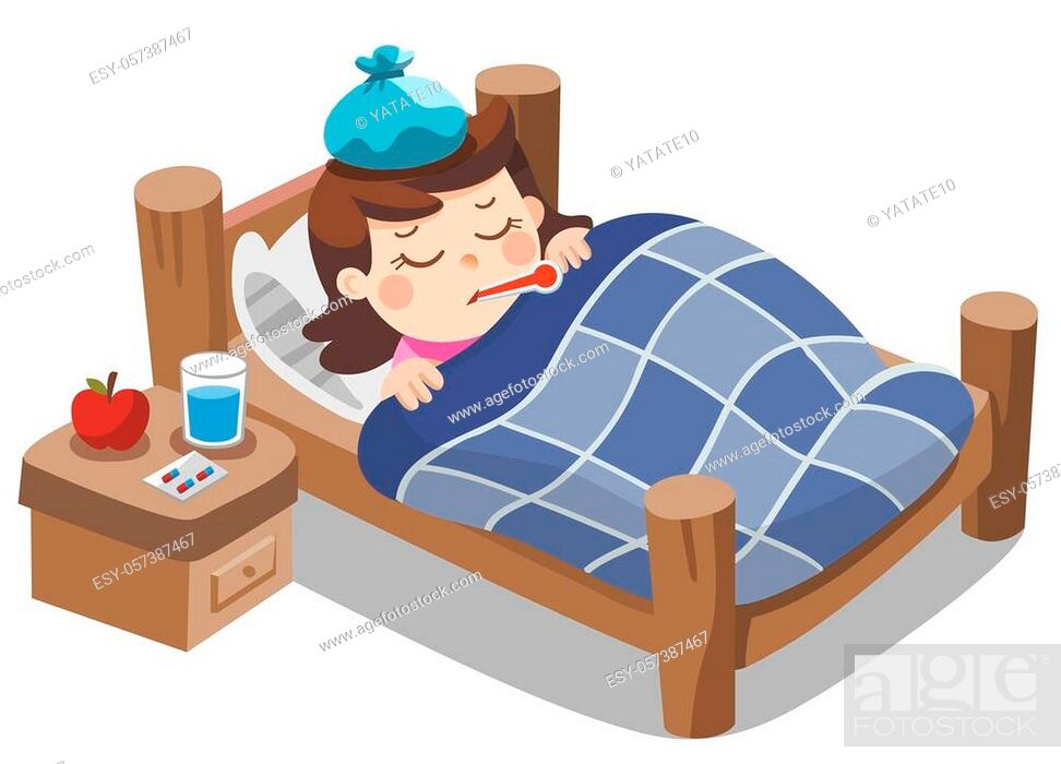 Stock Vector: Sick cute girl sleep in bed with a thermometer in mouth and feel so bad with fever.