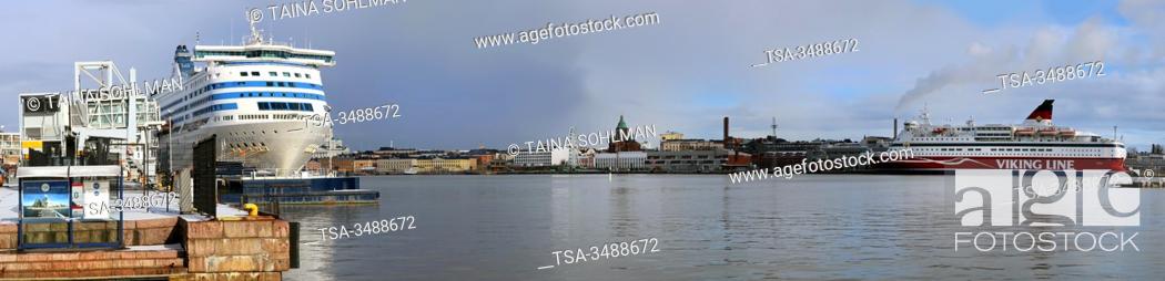 Imagen: Port of Helsinki. Helsinki, Finland. March 21, 2020. Tallink Silja M/S Silja Serenade and Viking Line M/S Gabriella stay moored due to coronavirus.