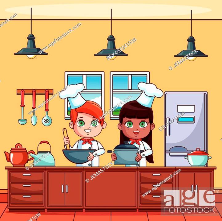 Chef kids cooking at kitchen cartoons vector illustration graphic design,  Stock Vector, Vector And Low Budget Royalty Free Image. Pic. ESY-052241038  | agefotostock
