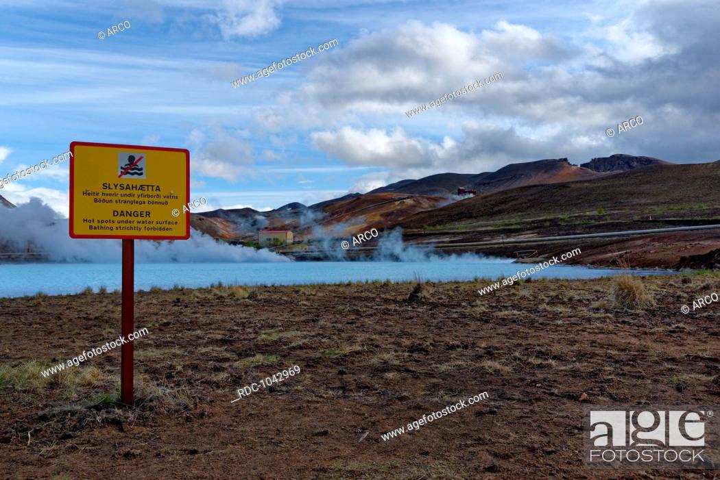 Stock Photo: danger sign, geothermal heated lake, near Myvatn, North Iceland, Iceland, Europe.