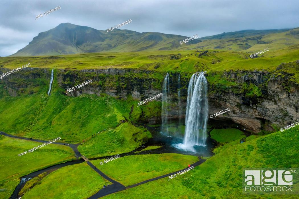 Stock Photo: Aerial view of Seljalandsfoss - most famous best known and visited waterfalls in Iceland.
