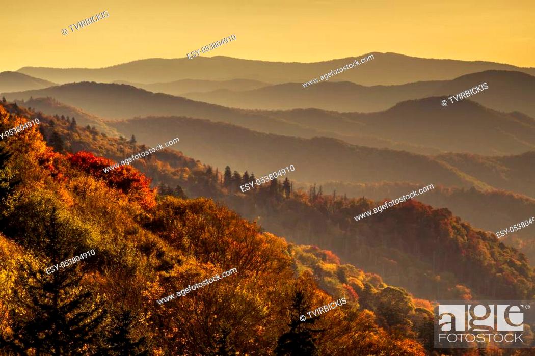 Stock Photo: Colorful fall foilage on mountainsides with hazy layers early morning in Great Smoky Mountains National Park.