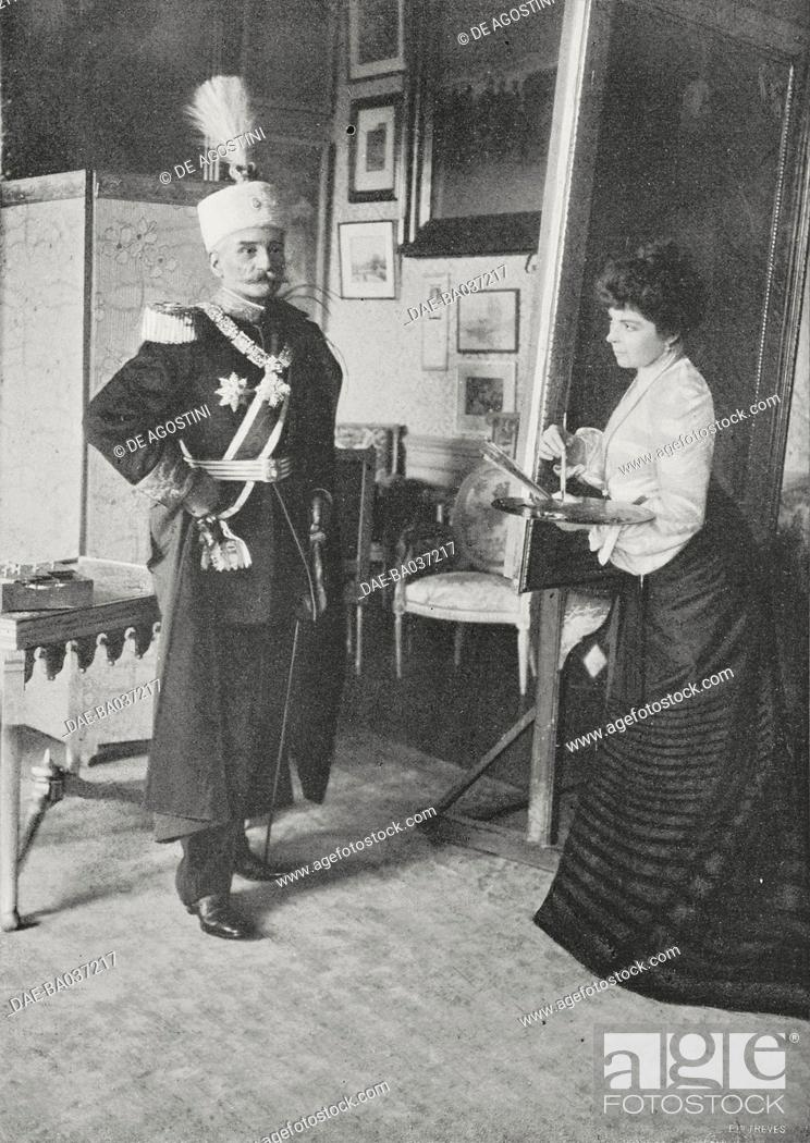 Stock Photo: King Peter I of Serbia (1844-1921) posing for the painter Vilma Lwoff-Parlaghy in the Konak in Belgrade, November 8, 1903, Serbia, photograph by Parkson.