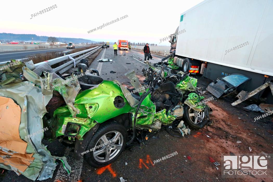 Stock Photo: A car wreck seen on the A7 highway following an accident in the fog near Bad Groenenbach, Germany, 01 January 2017. Several cars crashed on the A7 in the thick.