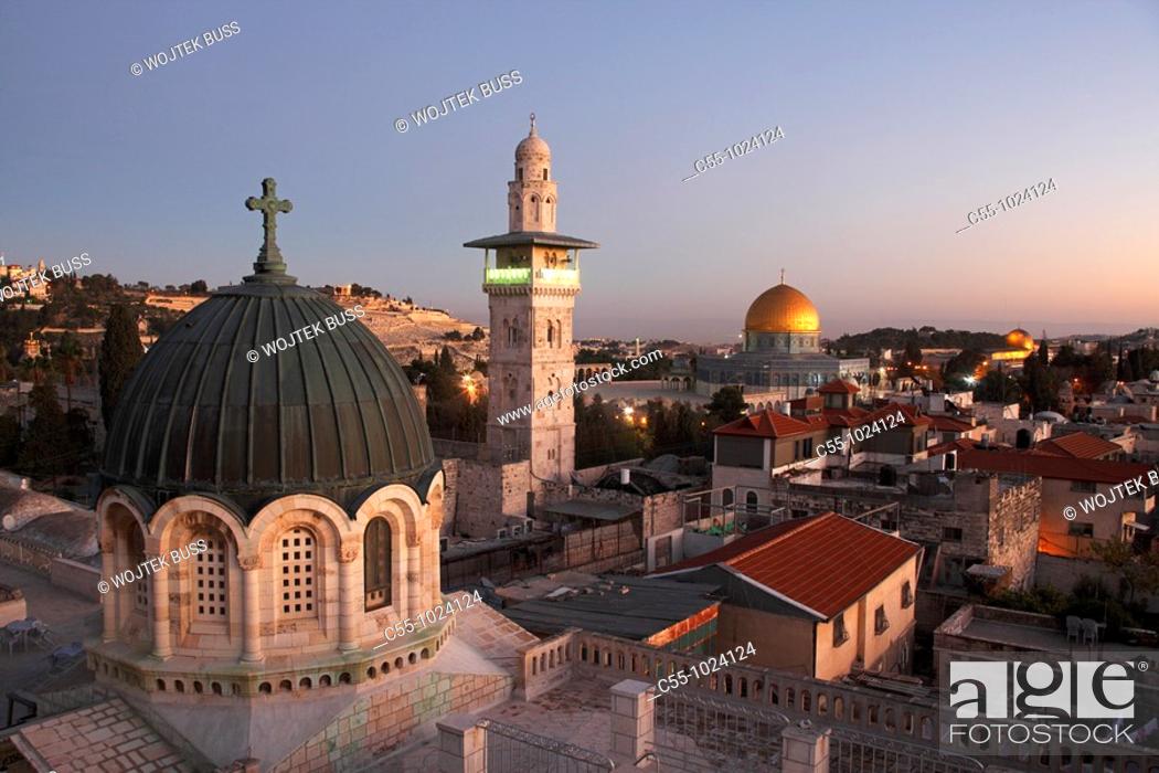 Stock Photo: Israel, Jerusalem, Ecce Homo Basilica, Bab el Ghawanimeh Mosque, Minaret, Dome of the Rock, Old city.