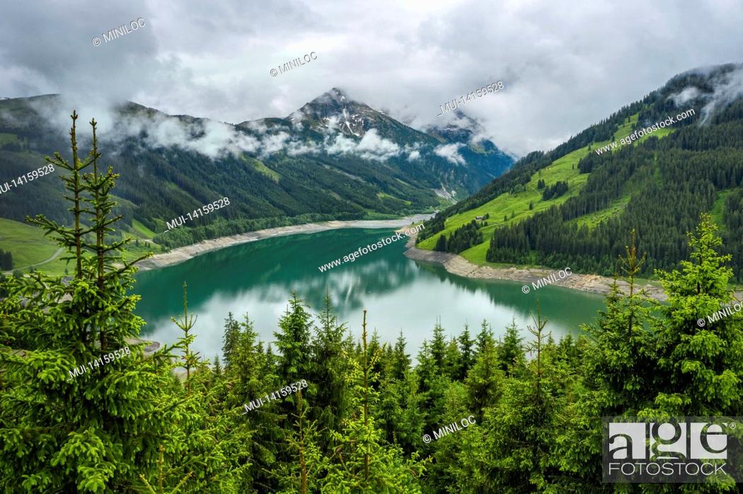 Stock Photo: schlegeis stausee lake view from mountain hiking path trail. zillertal, austria, europe.