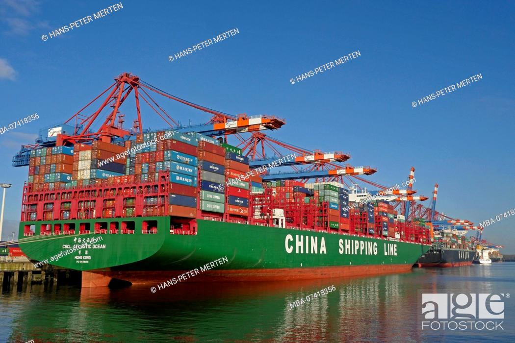 Stock Photo: Container ship at the container terminal Eurokai, Hamburg, Germany.