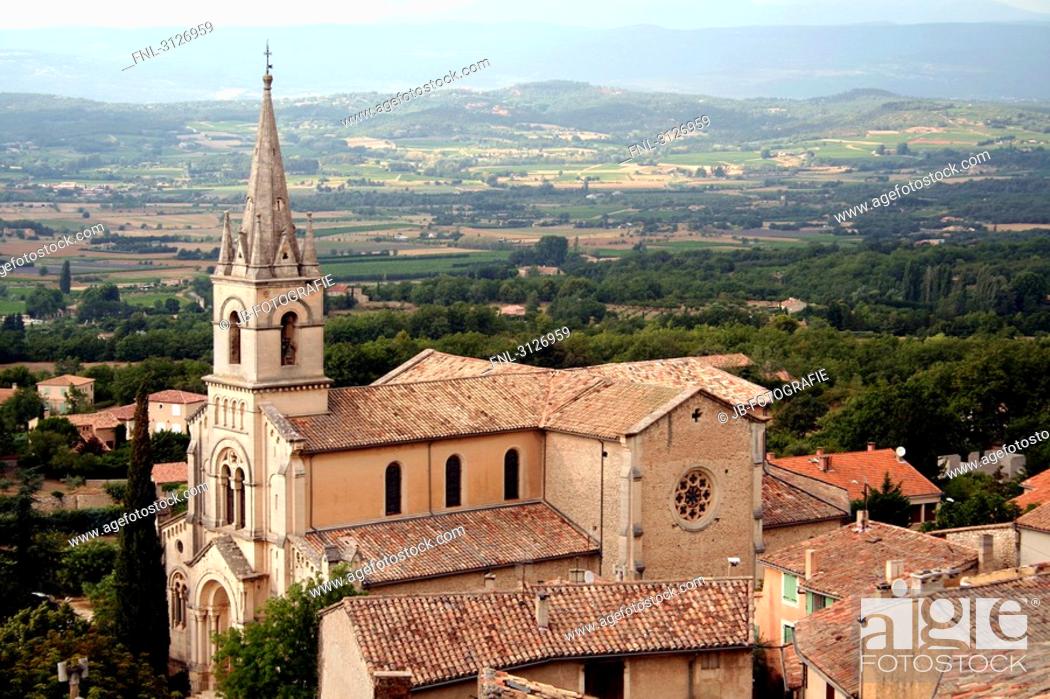 Stock Photo: Church of Bonnieux, France, aerial perspective.