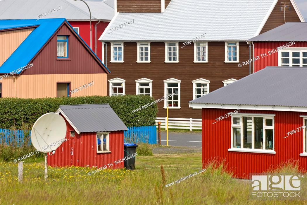Stock Photo: Houses and satellite dish in the small village of Eyrarbakki, Iceland.
