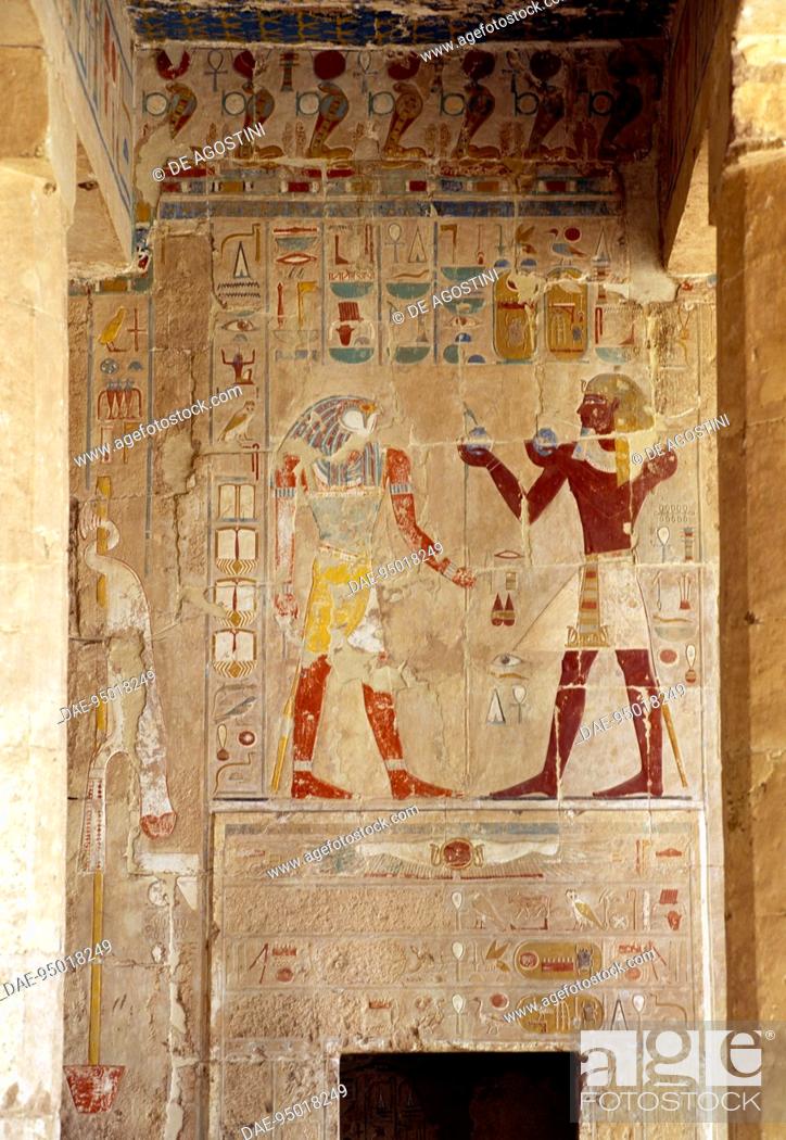 Stock Photo: Ritual offering of wine from Hatshepsut to Re-Harakhty, painted relief, Chapel of Anubis, Mortuary Temple of Hatshepsut, Deir el-Bahari.
