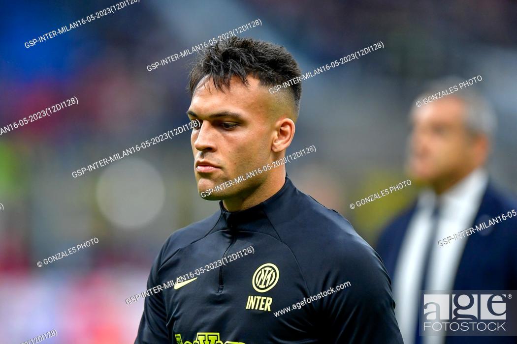 Stock Photo: Milano, Italy. 16th, May 2023. Lautaro Martinez of Inter is warming up before the UEFA Champions League match between Inter and AC Milan at Giuseppe Meazza in.