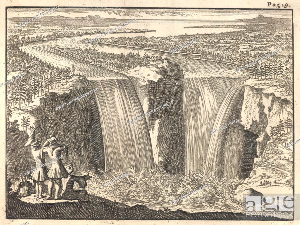 The first depiction of the Niagara Falls, engraved from the drawing by the  French missionary &..., Foto de Stock, Imagen Derechos Protegidos Pic.  MEV-10018858 | agefotostock