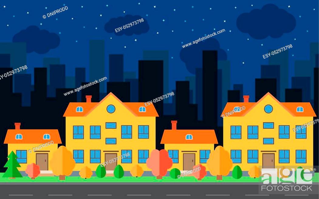 Vector night city with four cartoon houses and buildings, Stock Vector,  Vector And Low Budget Royalty Free Image. Pic. ESY-052973798 | agefotostock