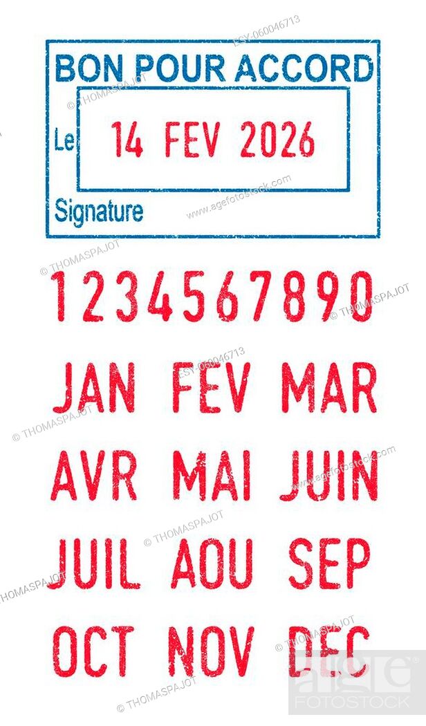 Stock Vector: Vector illustration of the French words Bon pour accord (Good for agreement) in blue ink stamp and editable dates (day, month and year) in red ink stamps.