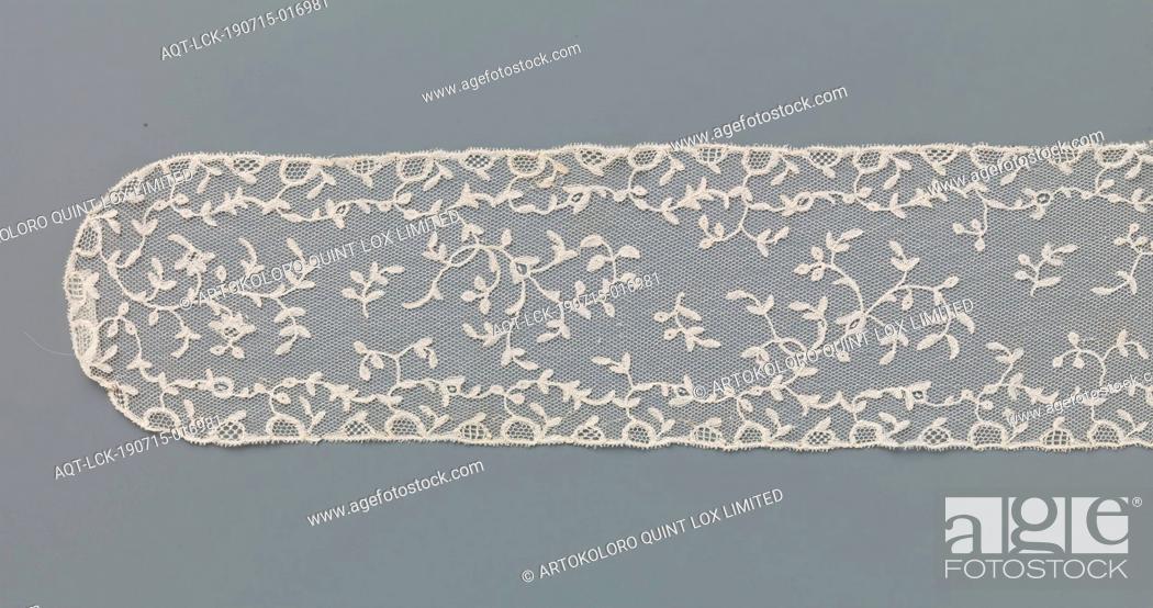 Stock Photo: Hat slip from application side with thin S-shaped leaf vines, Hat slip from natural-colored application side, Brussels bobbin lace mounted on dry ground.