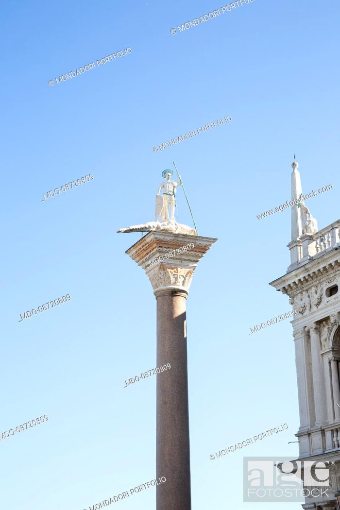 Stock Photo: The column of San Teodoro (patron saint of Venice), in Piazza San Marco. Venice (Italy), May 31st, 2021.