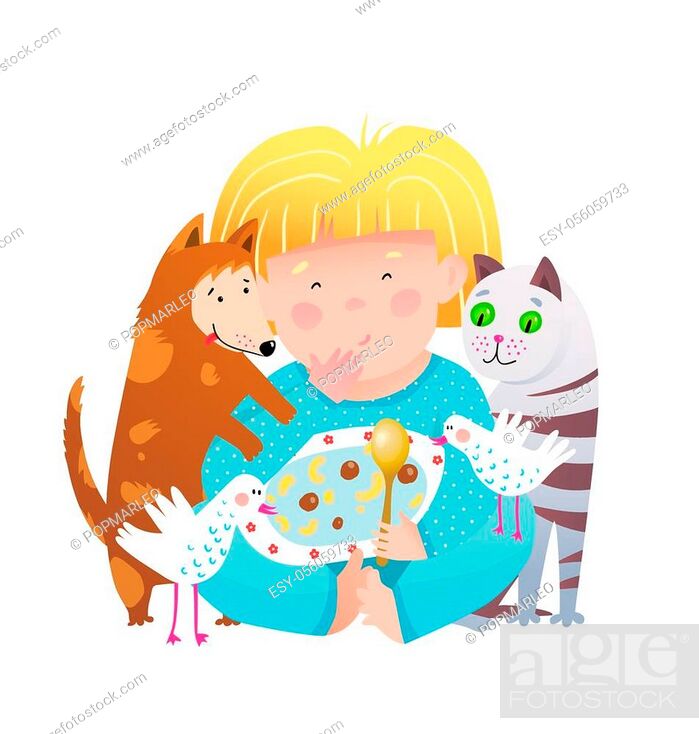 Little girl sharing food with cat and dog animals. Cute child and pets  friends eating together from..., Stock Vector, Vector And Low Budget  Royalty Free Image. Pic. ESY-056059733 | agefotostock