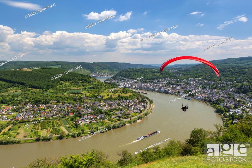 Stock Photo: Paraglider over the loop of the Rhine near Boppard, Upper Middle Rhine Valley, Rheinland-Palatinate, Germany, Europe.