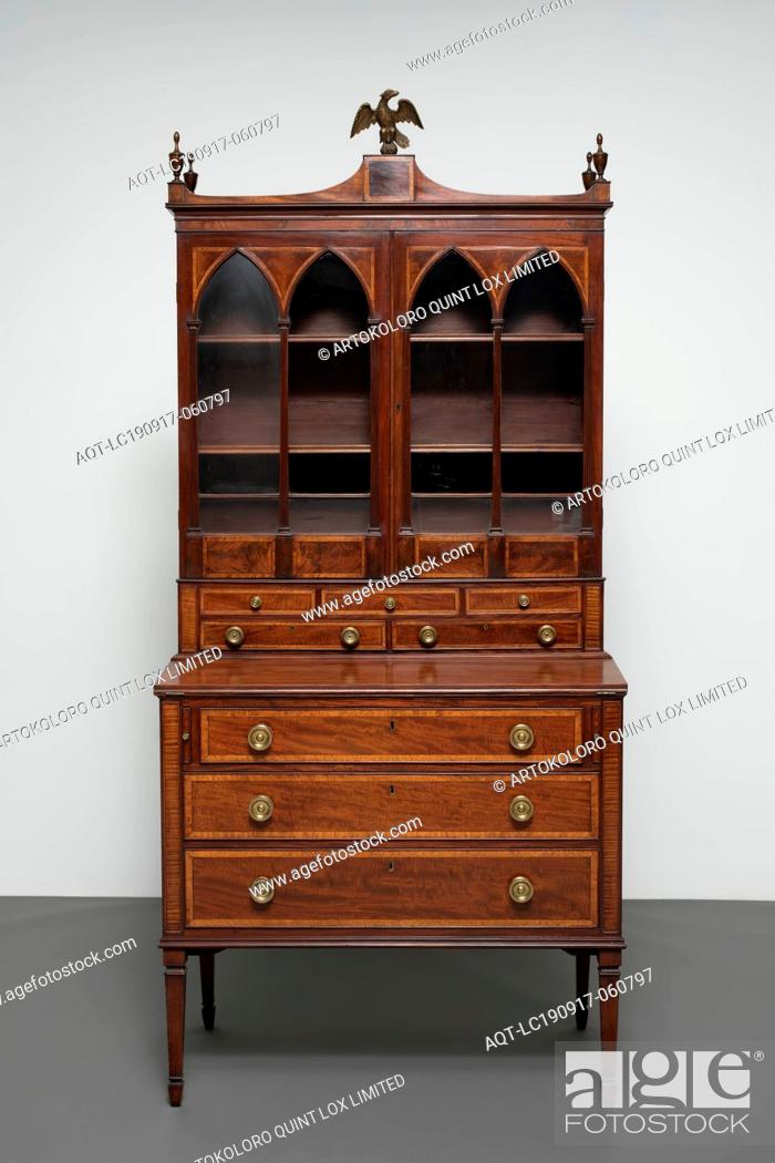 Stock Photo: Unknown (American), Secretary, between 1780 and 1800, mahogany, satinwood, gilt, glass, and brass, Overall: 81 1/2 × 36 3/4 × 20 7/8 inches (207 × 93.