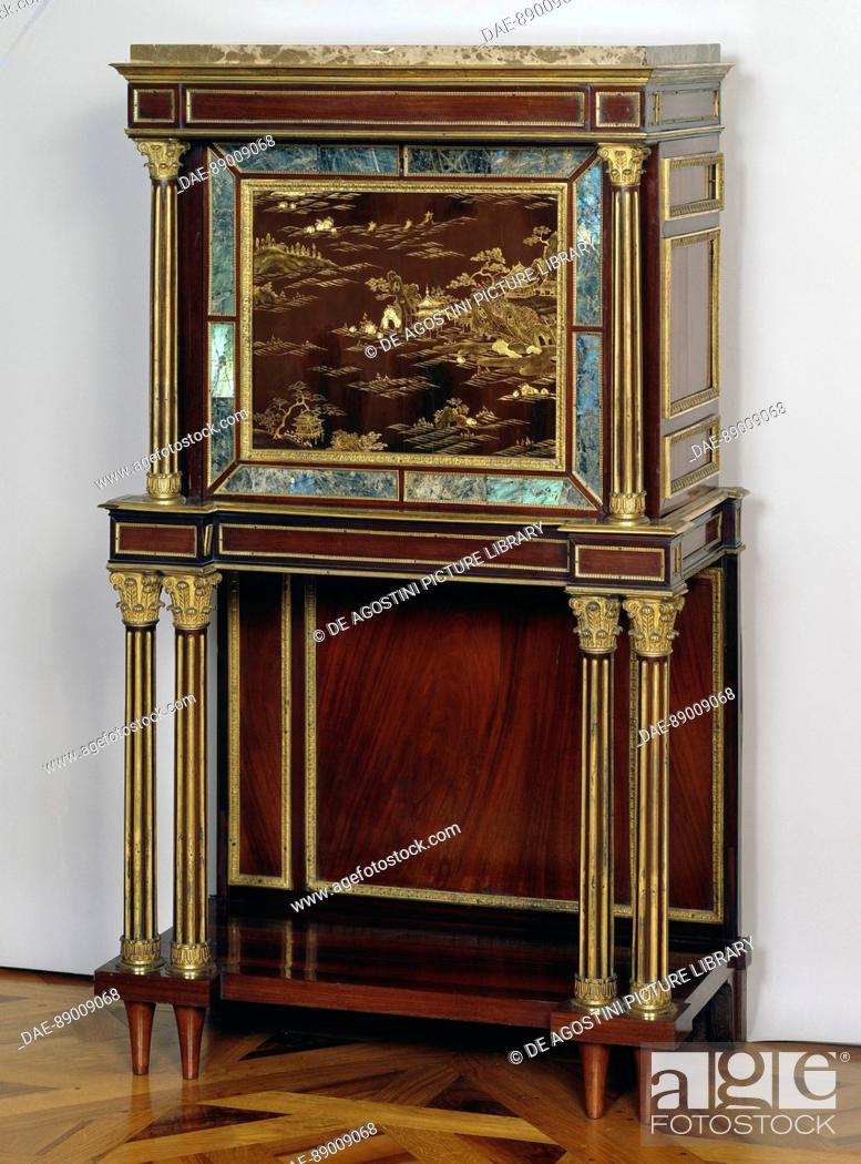 Stock Photo: Lacquered mahogany cabinet-secretary with gilt bronzes with Chinese decoration, by Louis-Alexandre Bellange (1796-1861). France, 19th century.