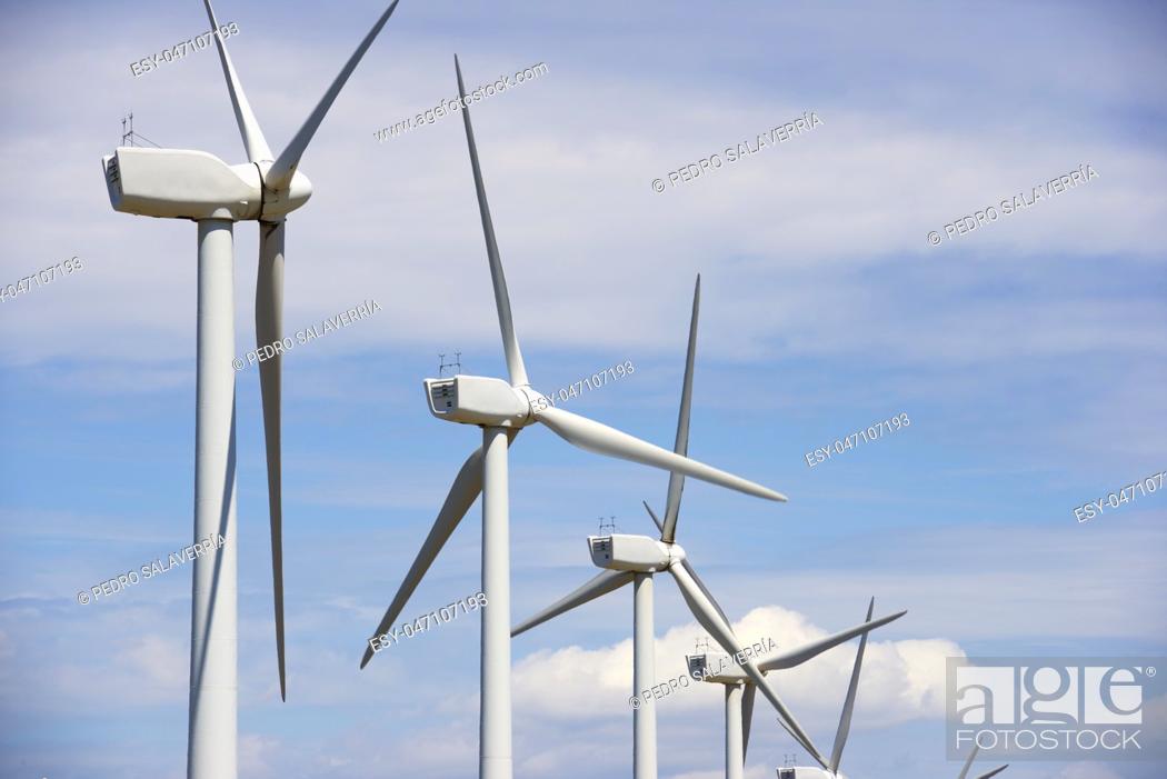 Stock Photo: Windmills for electric power production, Zaragoza Province, Aragon, Spain.