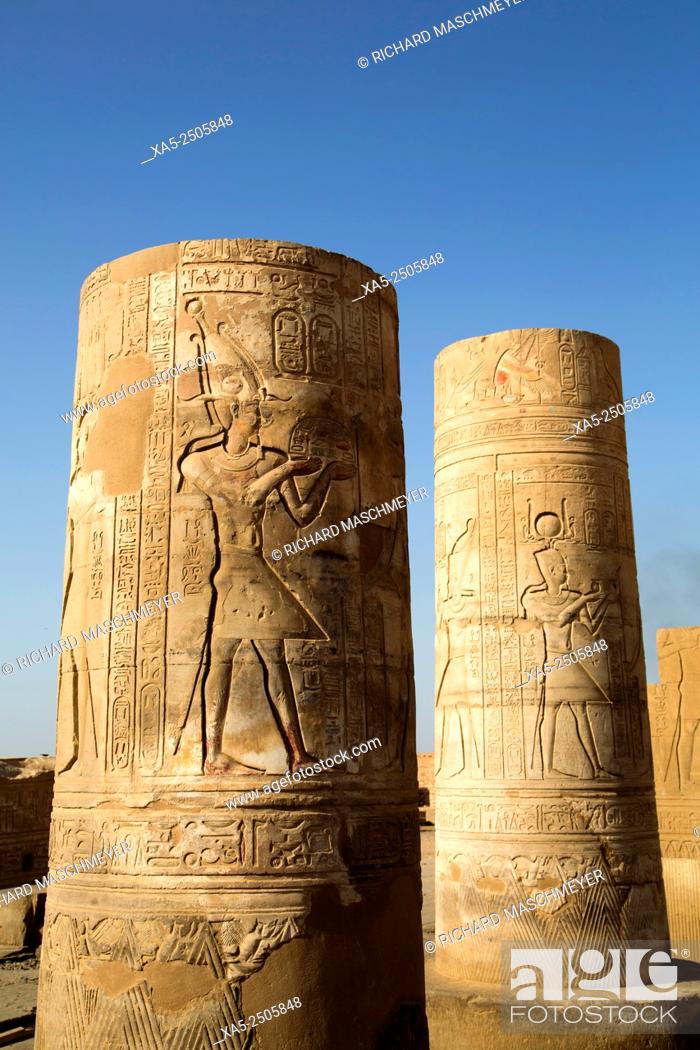 Stock Photo: Pilars with Bas-relief, Forecourt, Temple of Haroeris and Sobeck, Kom Ombo, Egypt.