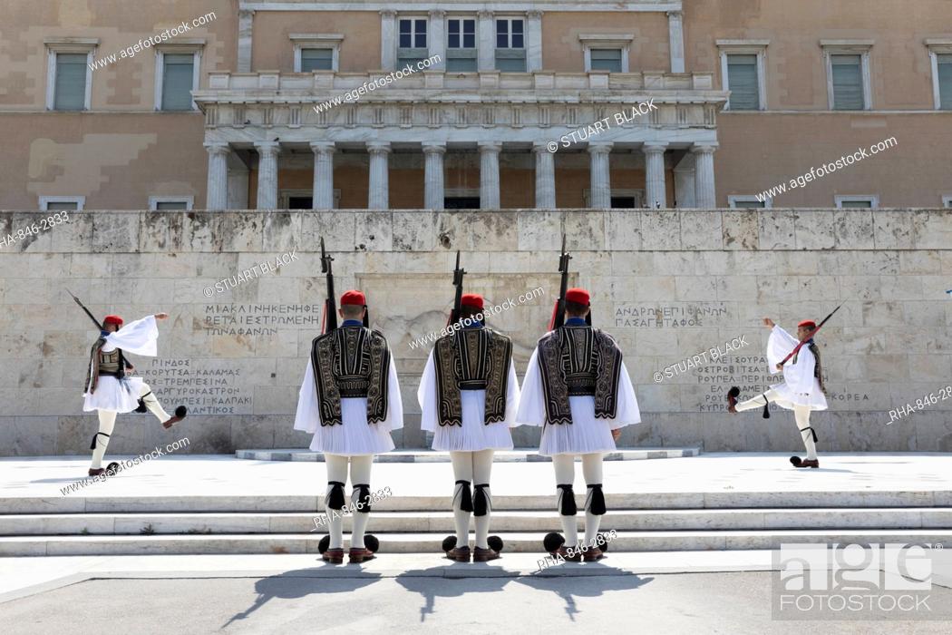 Stock Photo: Changing of the Guard at the Tomb of the Unknown Soldier in Syntagma Square, Athens, Greece, Europe.